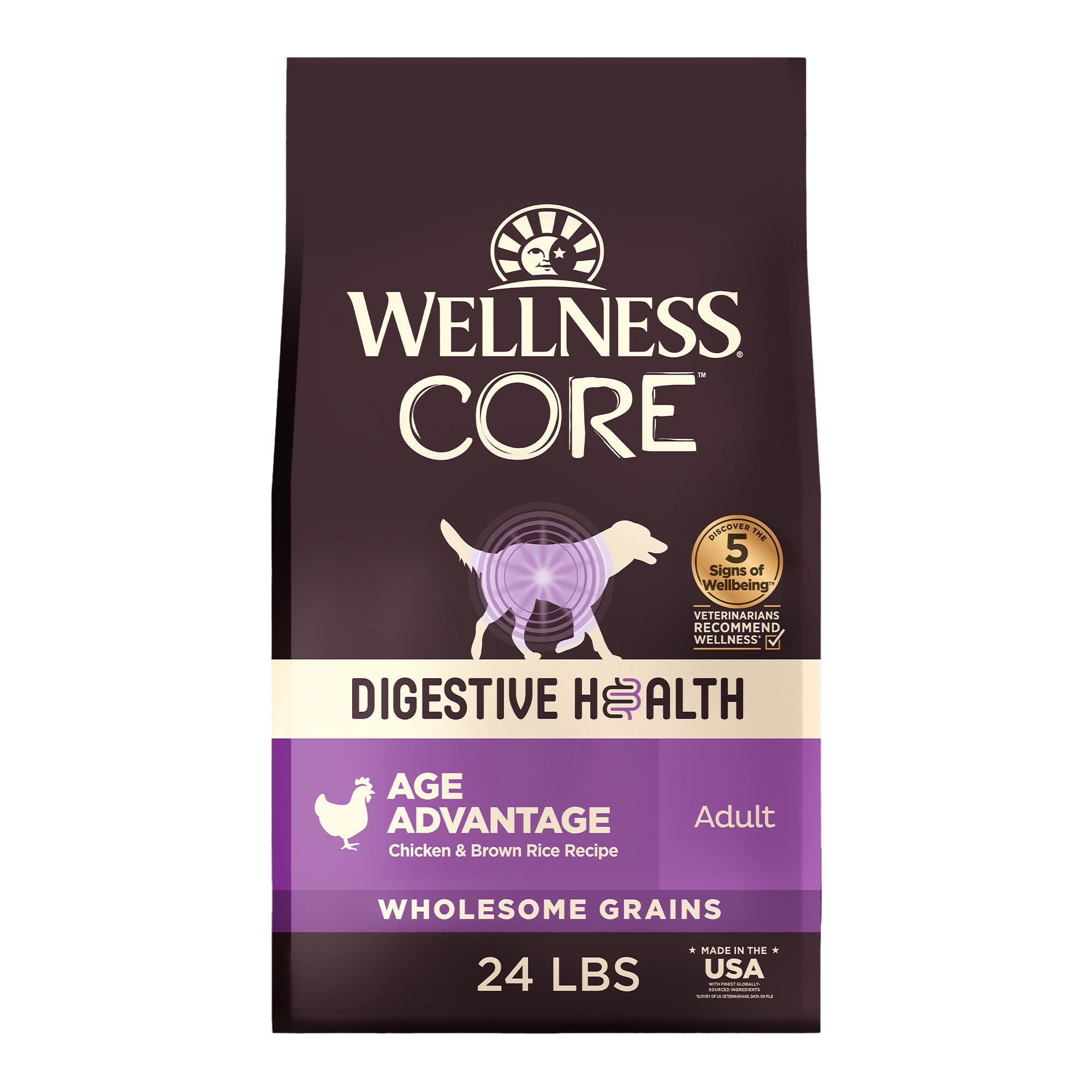 Wellness CORE Digestive Health Age Advantage Senior Dry Dog Food, Wholesome Grain Kibble, Sensitive Stomach, Natural, High Protein, Chicken and Brown Rice Recipe, 24 lb Bag