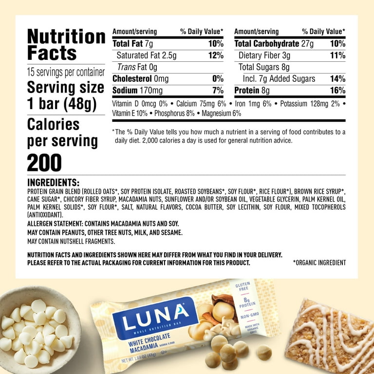 LUNA Bar - White Chocolate Macadamia, Gluten & GMO Free, Organic