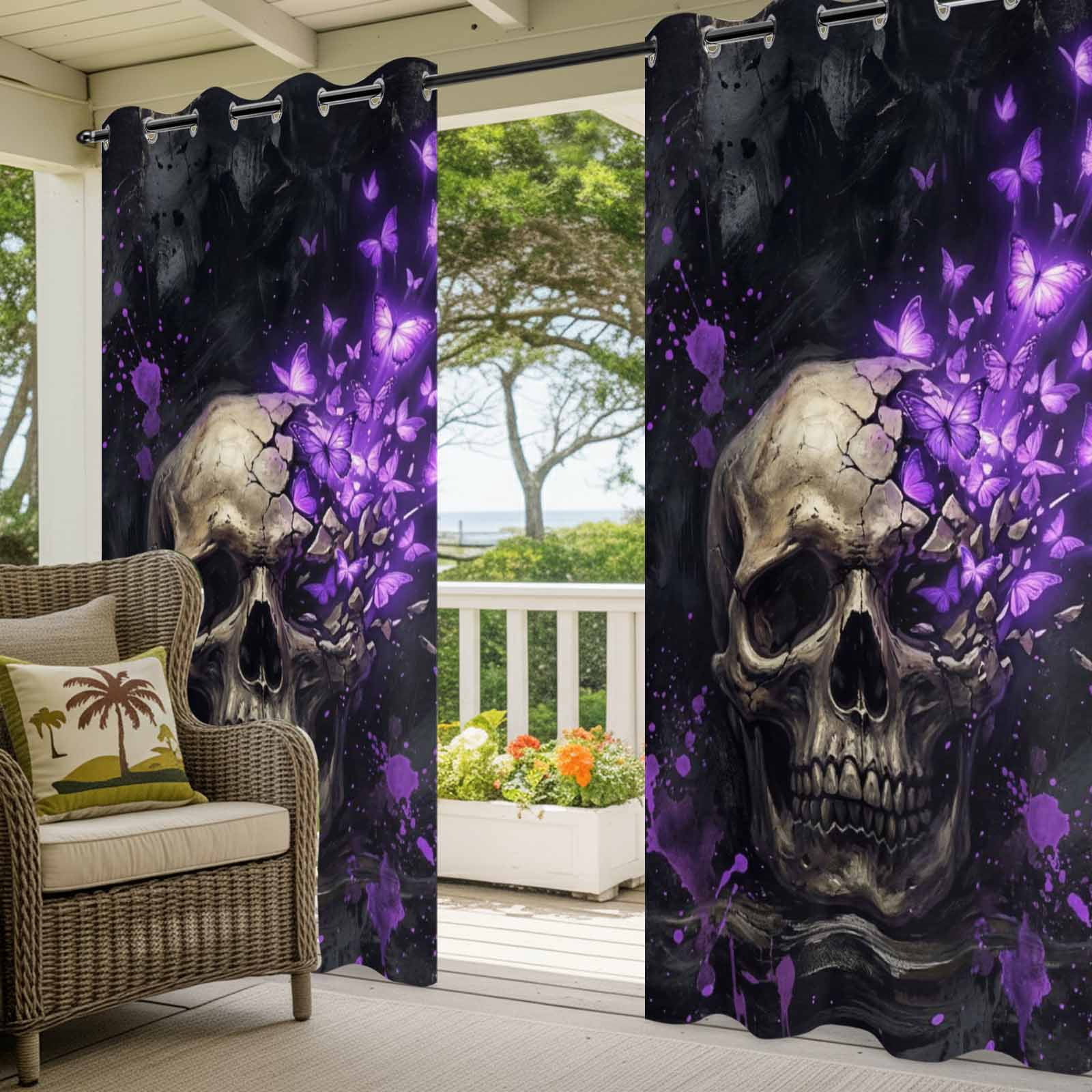 Abstract Skull Outdoor Curtains for Patio, Vintage Mysterious Purple Butterflies Dark Skeleton Black Sunshade Privacy Drapes Grommet Waterproof Outside Curtains for Porch Balcony 54"x108", 1 Panel