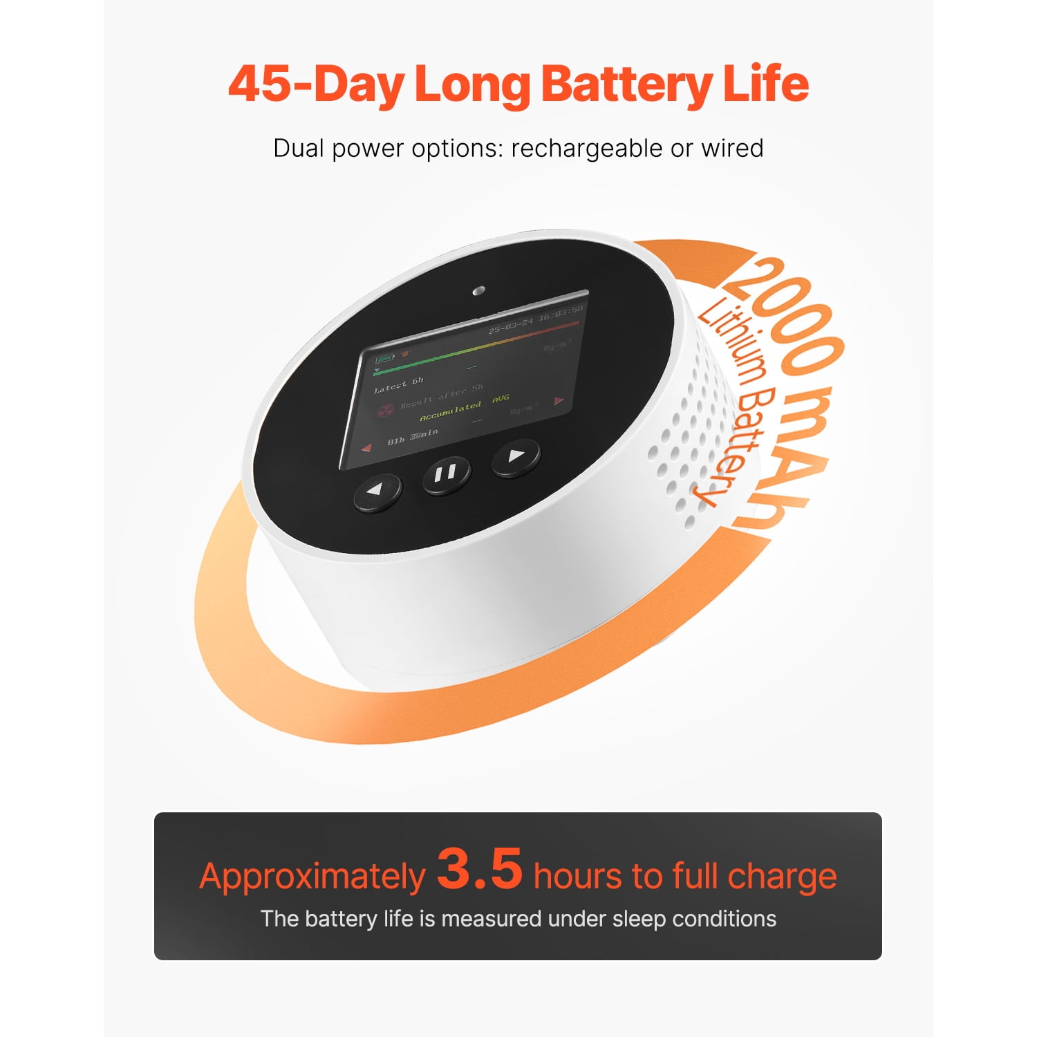 KFFKFF Home Radon Detector, 3.3Bq to 37kBq/m³,  Battery Powered Radon & Air Quality Monitor, Color Screen, Extended Radon Level Tracking, Rechargeable or Wired Option