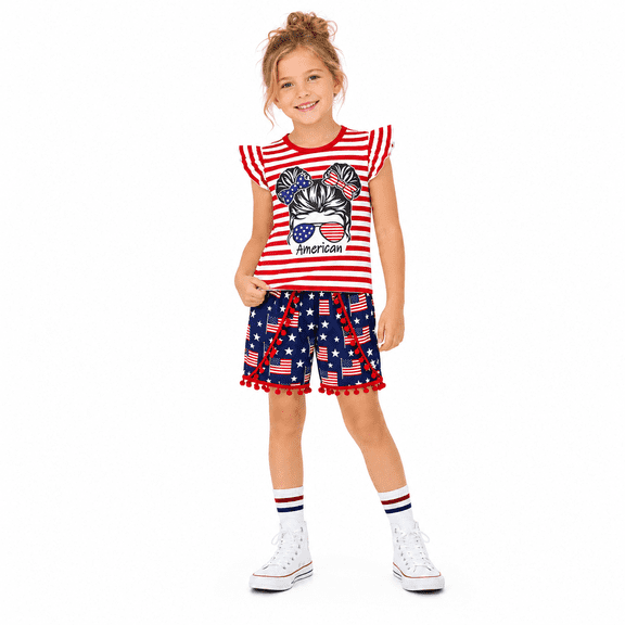 Girls 4th of July Outfit Red White Blue Top and Shorts Set,Size 3