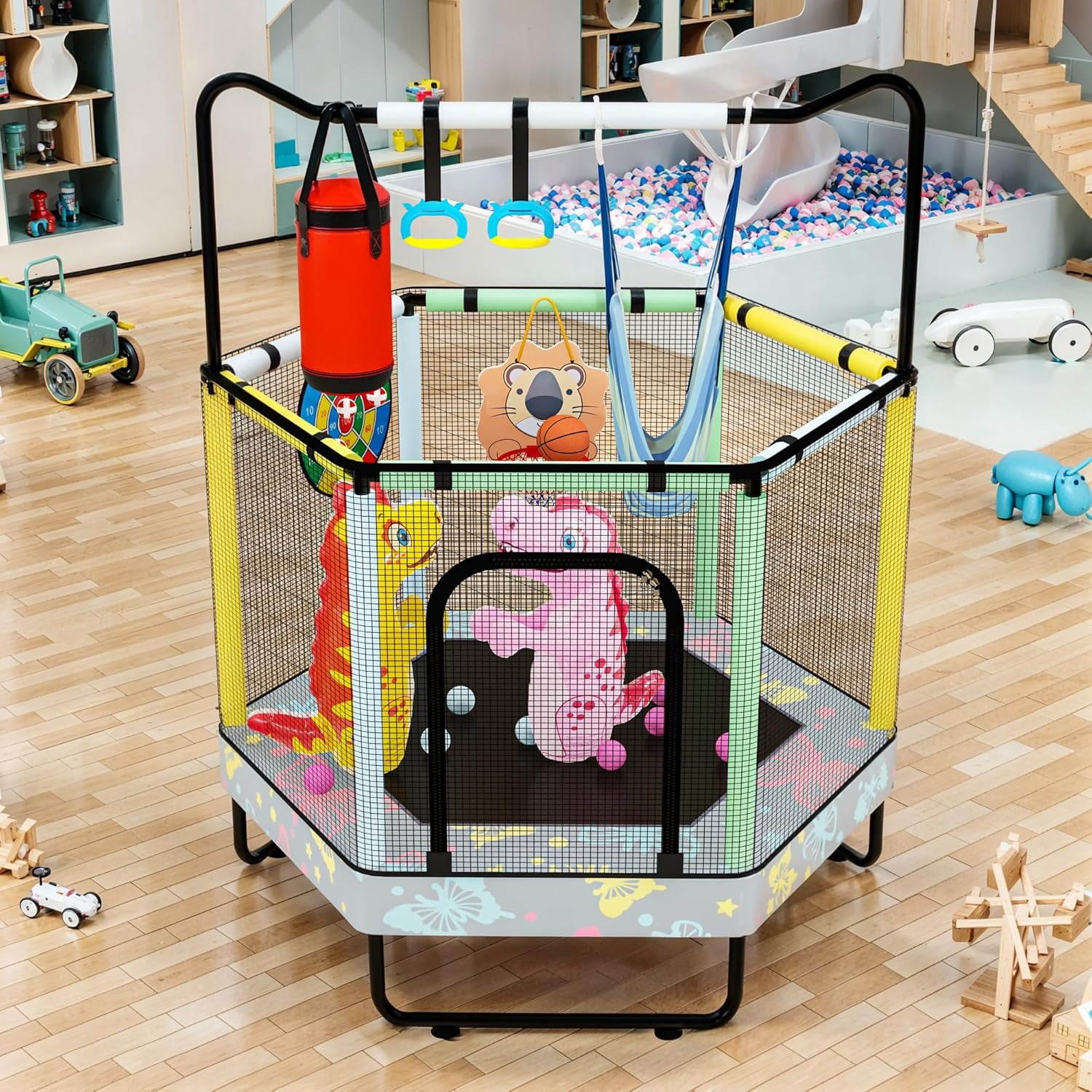 MIERES 55" 7-in-1 Hexagonal Trampoline for Kids Boys & Girls Ages 1-8, Indoor & Outdoor Trampoline for Fun, Adjustable Height Handrail ＆ Enclosed Safety Net ＆ Durable Designs for Toddlers Children