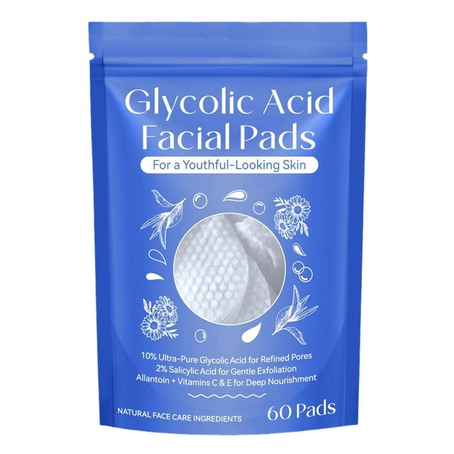 Discos de algodón con ácido glicólico para limpieza facial, exfoliación, nutrición, aclaración y rejuvenecimiento de la piel. Compresas húmedas e hidratantes (60 unidades).