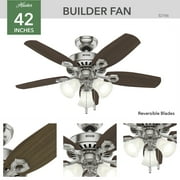 Hunter 42 inch Indoor Ceiling Fan with LED Lights - Ceiling Fan with Pull Chain, For Bedroom or Living Room, Standard Mount, No Remote, 5 Blades, Includes Bulbs - Builder 52106, Brushed Nickel