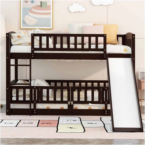 JERFIT Twin over Twin Low Bunk Bed with Slide, Fence & Ladder, Solid Wood Frame, Space-Saving Design, Espresso Finish
