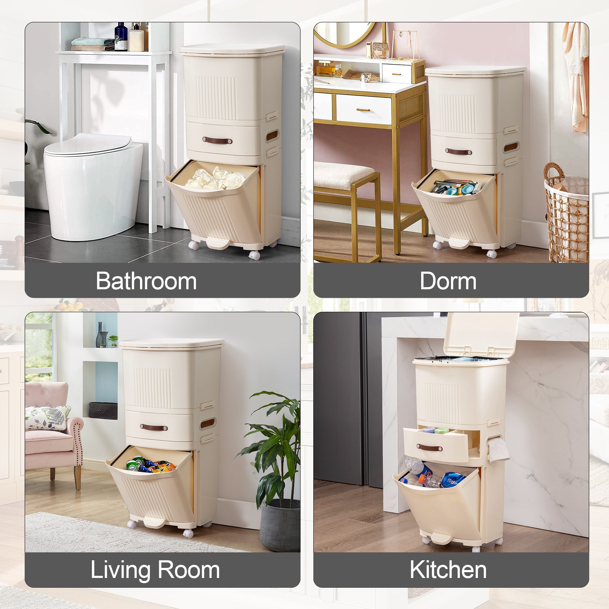 VECELO 3-Tier Kitchen Trash Can with Lid, Recycling Plastic Garbage Can with Wheels, Multi-purpose Trash Bin Categorize Waste, White