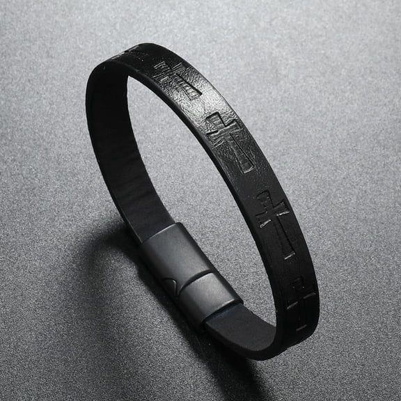 Retro Embossed Cross Leather Cuff Wristband, Adjustable Magnetic Clasp Religious Christian Bracelet