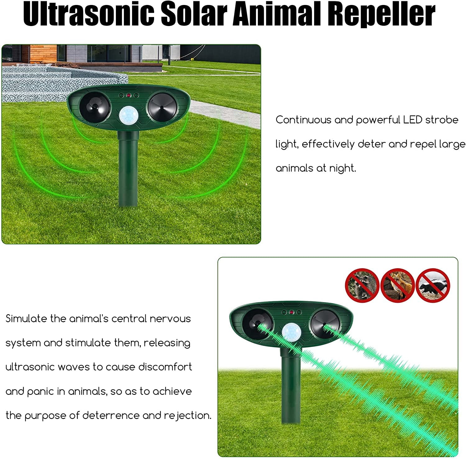 Paddsun 2 Pack Solar Animal Repeller Ultrasonic Animal Repellent Outdoor with Motion Sensor Flashing Light Waterproof Animal Deterrent for Garden Yard