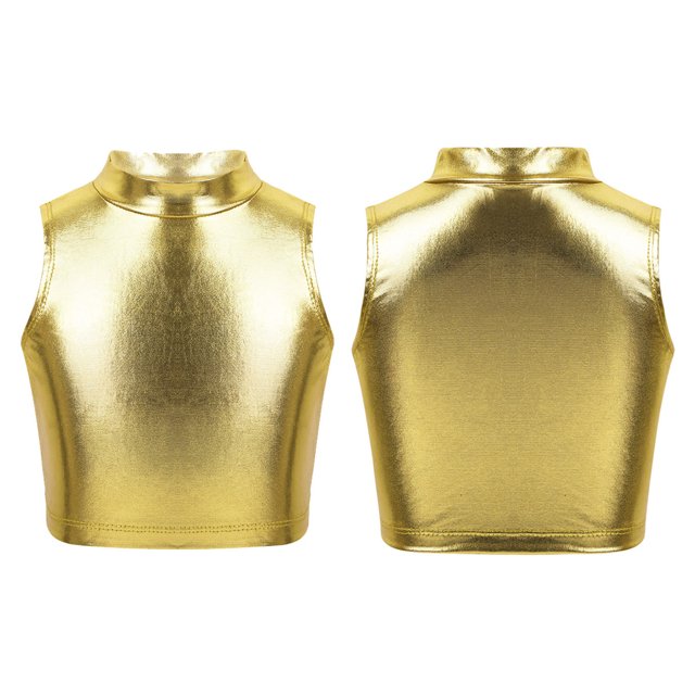 TiaoBug Junior Girls' Metallic Sleeveless Turtleneck Crop Tank Tops Performance Jazz Dance Shirt Gold 12