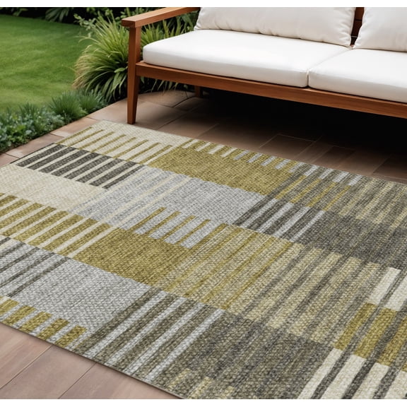 HomeRoots 581686 8 x 10 ft. Striped Washable Indoor & Outdoor Rectangle Area Rug, Brown, Gold & Taupe
