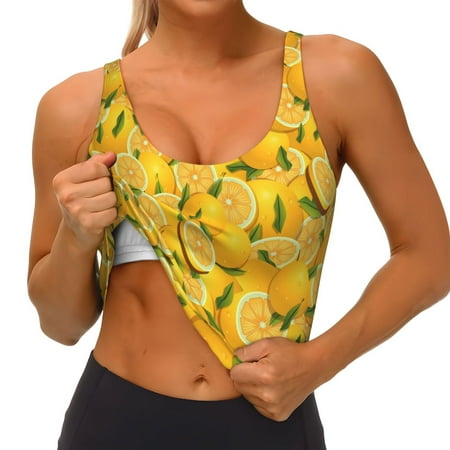 Qokaie Yellow Limes Pattern Womens Scoop Neck Sports Bra Breathable Workout Vest Padded U Back Medium Impact Fitness Gym Yoga Bra Workout Crop Top