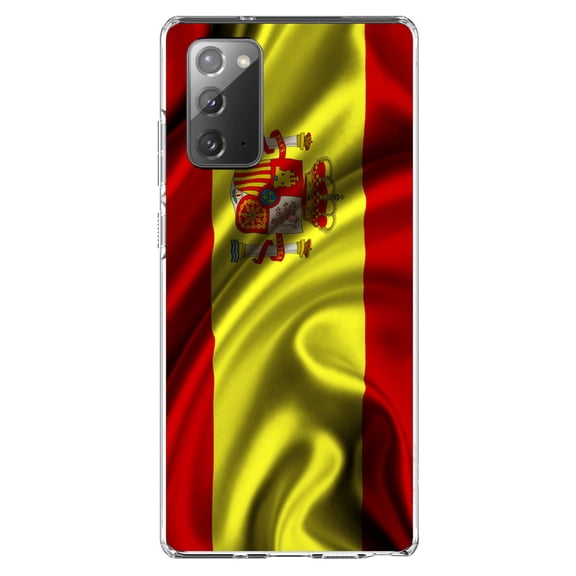 DistinctInk Clear Shockproof Hybrid Case for Samsung Galaxy Note 20 (6.7" Screen) - TPU Bumper, Acrylic Back, Tempered Glass Screen Protector - Spain Waving Spanish Flag Red Yellow - Spain