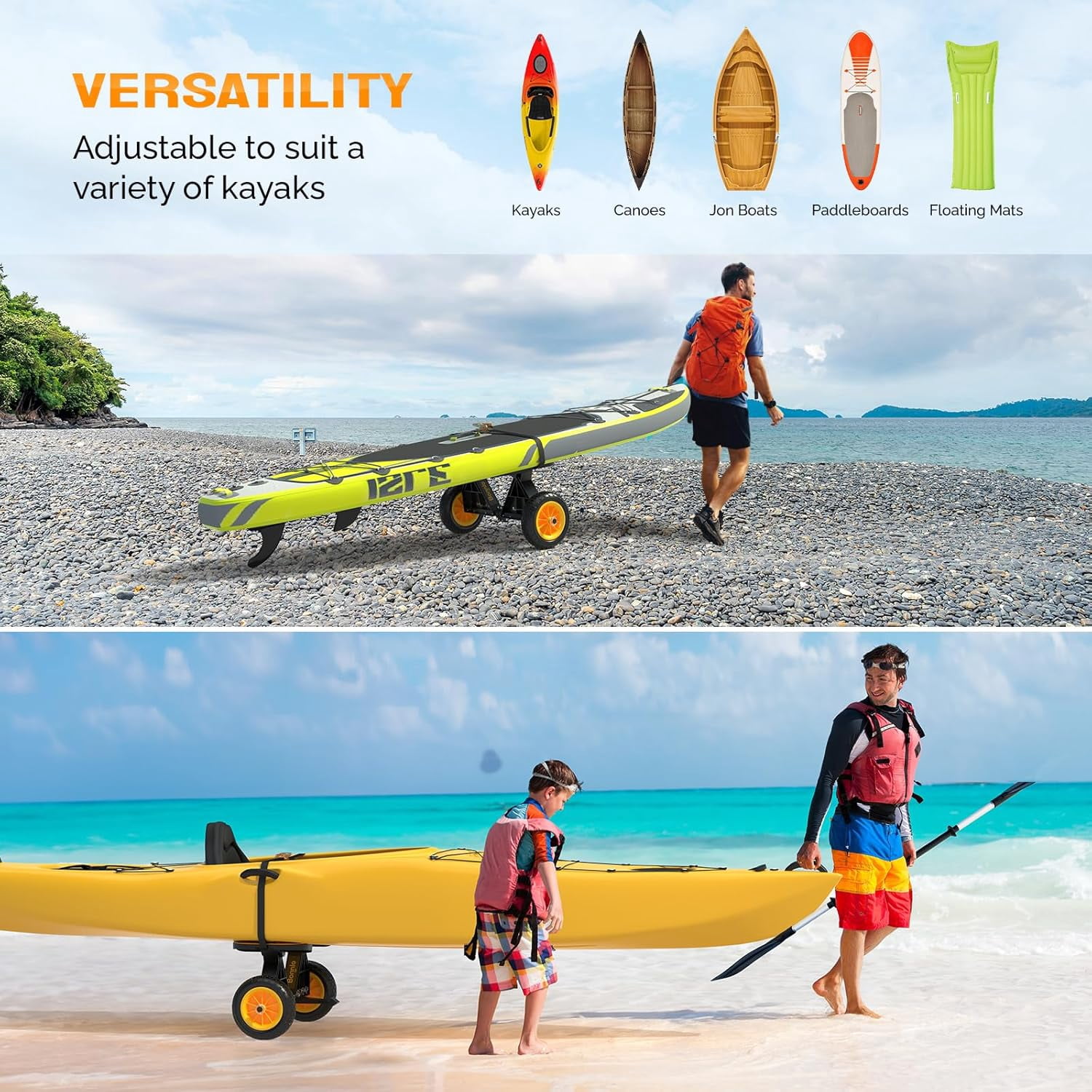 Kayak Cart with10-Inch Kayak Wheels, Canoe Trolley Cart with Adjustable Straps, No Tools Required for Easy Assembly All-Terrain for Kayaks, Canoes, Paddleboards
