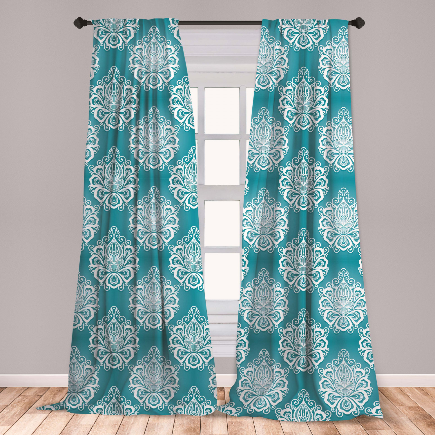 Blue and White Curtains 2 Panels Set, Damask Art Flowers with Baroque Curlicues Victorian Garden