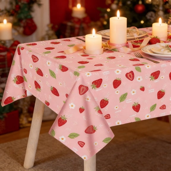 Strawberry Disposable Tablecloth, Pink Strawberry Print Plastic Table Cover for Birthday Party, Picnic, Baby Shower, Strawberry Themed Party Supplies