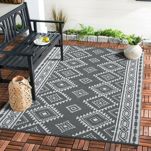 Senfot 6x9 Area Rugs , Reversible Mats, Modern Area Rug, Plastic Straw Rug, Large Floor Mat for Outdoors, Backyard, Picnic, Patio, Camping,Beach Gray White