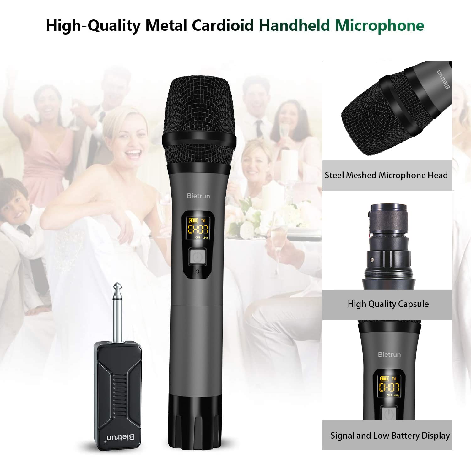 Bietrun Wireless Microphone Only for Mic Input, UHF Metal Dynamic Handheld Multipurpose Mic with Rechargeable Receiver (Work 4hs), 160ft Range, for Karaoke Machine, Amplifier Speaker, Mixer, Church