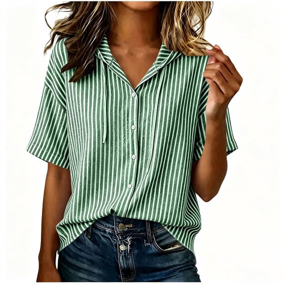 Ecqkame Women's Striped Tops Hooded Button Down Short Sleeve Shirts Summer Casual Lightweight Trendy Versatile Blouse Green XXL