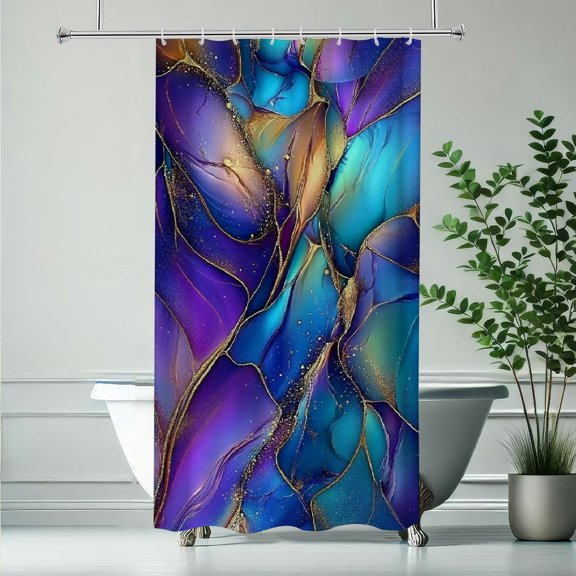 RKSupls Waterproof Shower Curtain, Blue Purple Gold Fluid Art Polyester Shower Curtain with Hooks for Chic Elegant Home Bathtub Bathroom Decor Washable