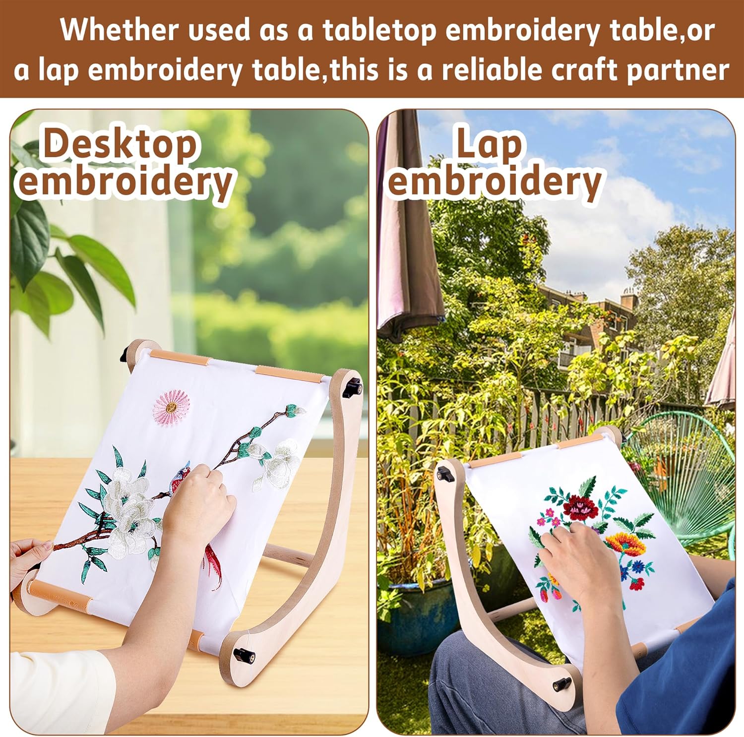 Ebaokuup Adjustable Embroidery Table Stand, Wood Embroidery Hoop Holder, Hands-Free Cross Stitch Scroll Frame Needlepoint Stand for Lap or Table Top Stitching Sewing Supplies Craft Tool