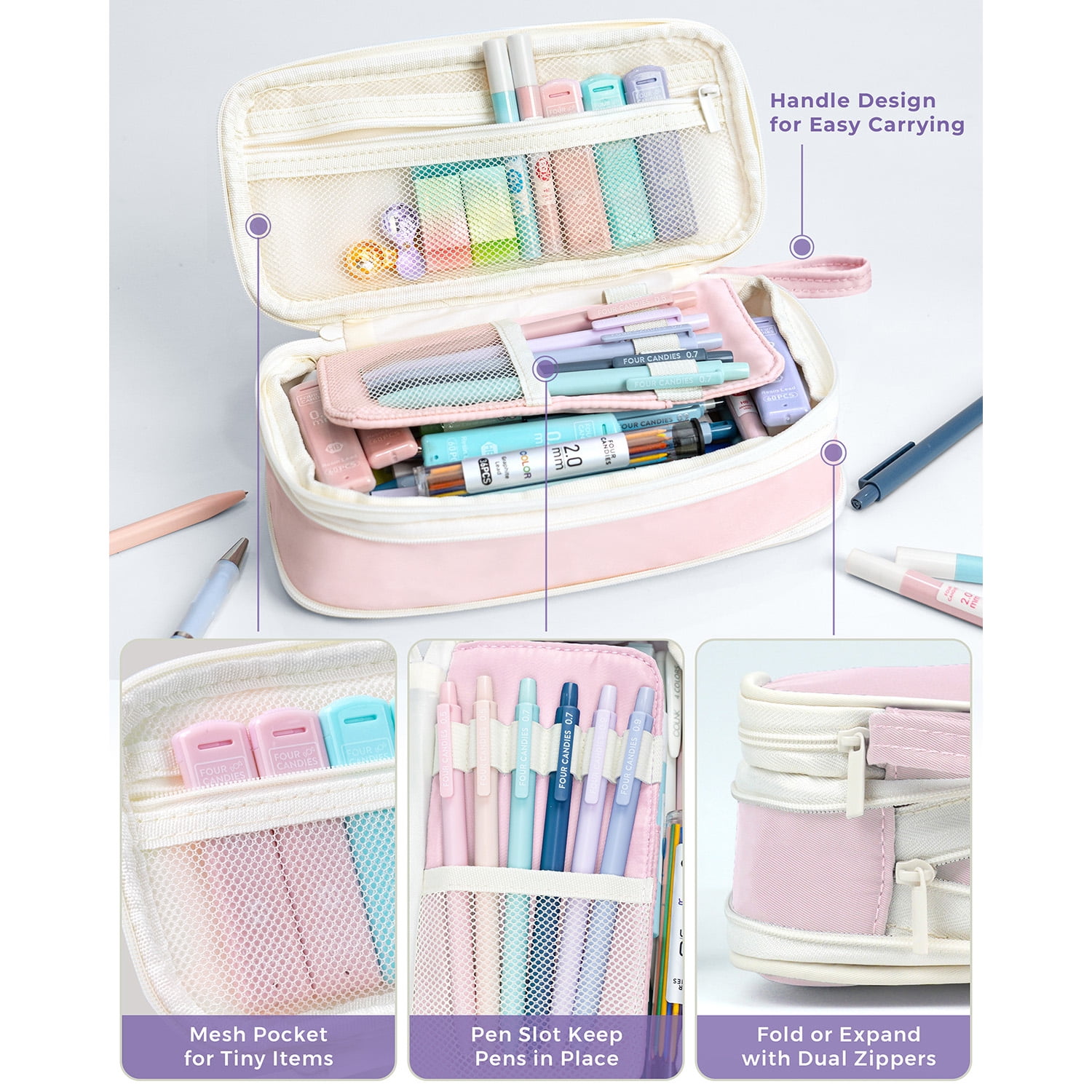 Four Candies 41PCS Aesthetic Supplies With Cute Pen Case, 5 Black Ink Gel Pens, 12 Mechanical Pencils 0.5mm, 0.7mm, 0.9mm & 2.0mm With Lead Refills For Students Stationary College Essentials
