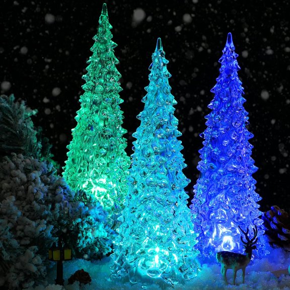 3 Pieces LED Christmas Tree Lights, Mini Acrylic Light Up Tree, Color Changing Decorations Indoor, Holiday for Bedroom Table