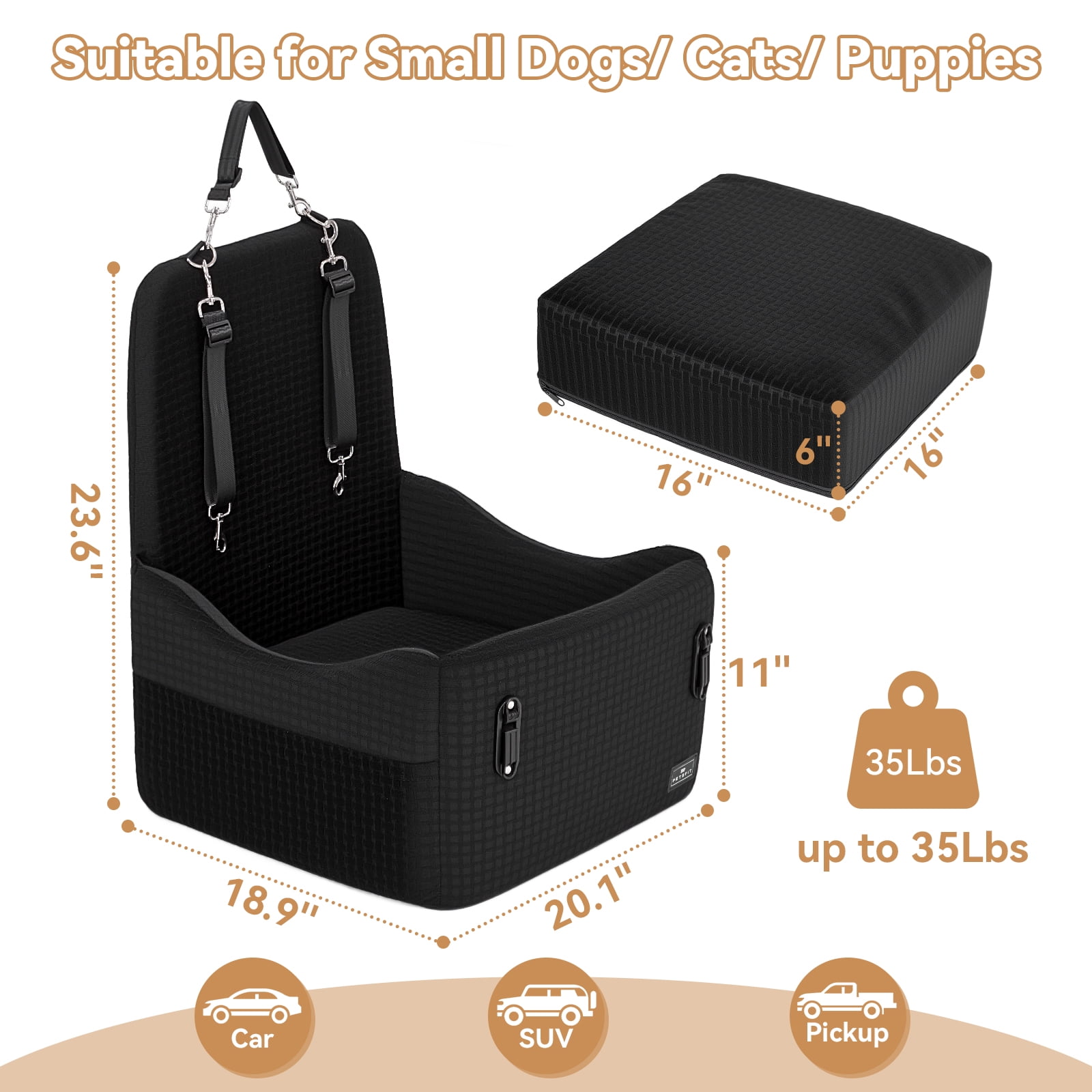 PETSFIT Dog Booster Car Seat for Small/Medium Dogs Up to 35 lbs – Patented Safety System, 6" Memory Foam Pet Car Seat, Fully Detachable and Washable Cover, Front/Back Seat Travel Booster (Black)