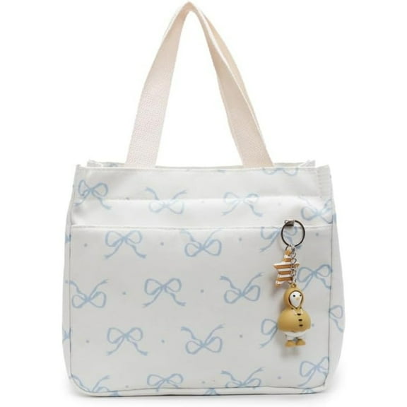 Bow Lunch Box Cute Lunch Bag for Women Canvas Preppy Lunch Box Blue Bow Lunch Bag for Work Office Travel Picnic