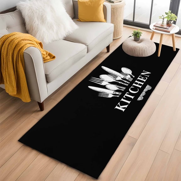 Retro Black Knife Fork Kitchen Runner Rug 2x6 Washable Runners for Hallway Non Slip Farmhouse Vintage Art Large Area Rug Indoor Floor Carpet for Bathroom Laundry Entryway Bedroom Living Room