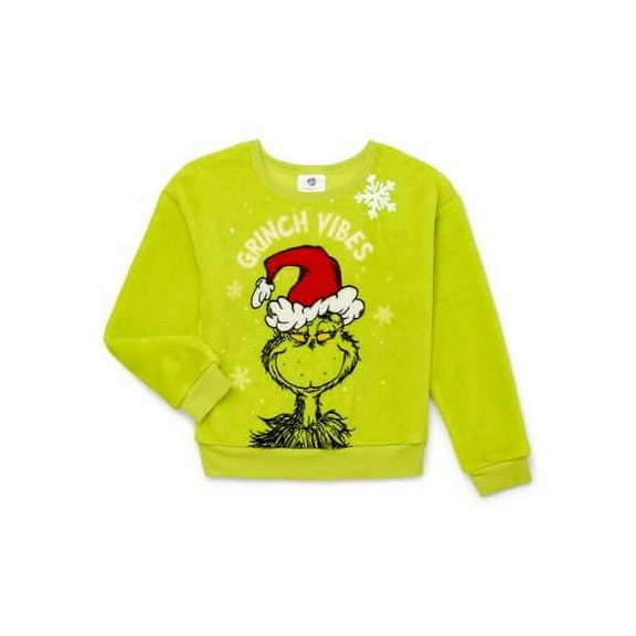 Girls Grinch Vibes Plush Woobie Pullover Sweatshirt, Green, X-Small