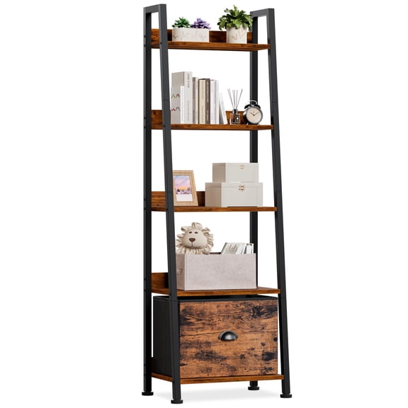 5-Tier Ladder Shelf, Ladder Bookshelf with Removable Drawer, Rustic Bookcase Storage Rack Organizer, Wood Metal Freestanding Storage Shelf for Living Room, Home Office, Bedroom, Balcony