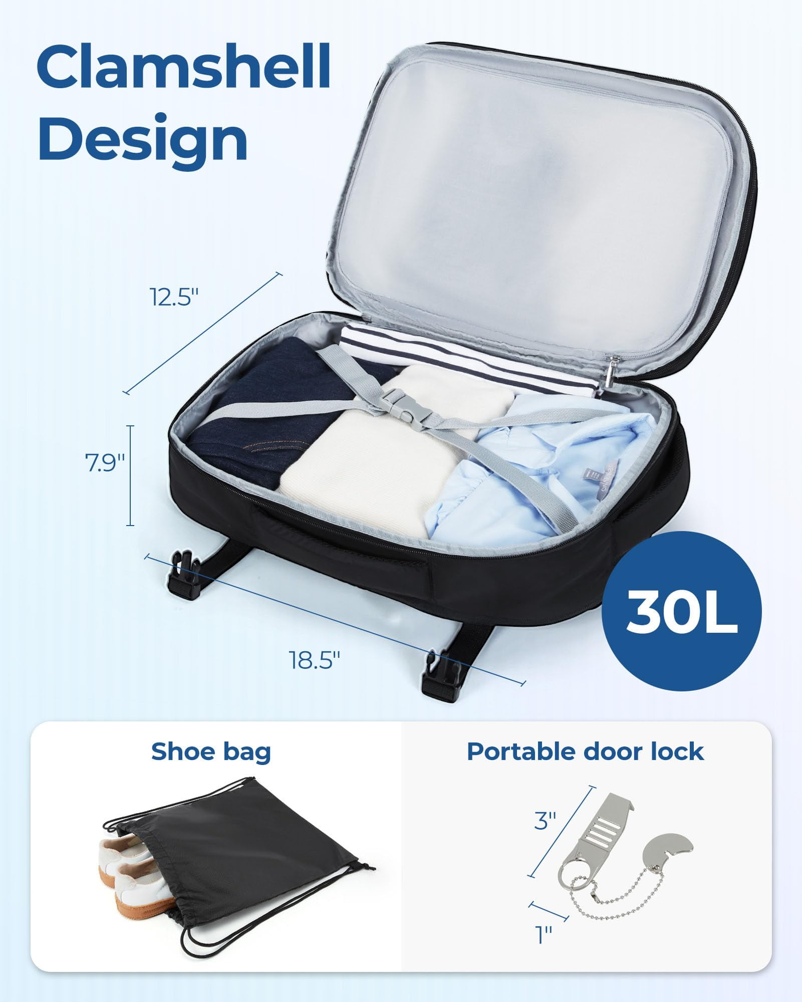 BAGSMART Travel Backpack, 30L Flight Approved Carry on Backpack with Door Lock, 17.3 Inch TSA Personal Item Backpack with Shoe Bag,Suitcase for Travel, Classic Black