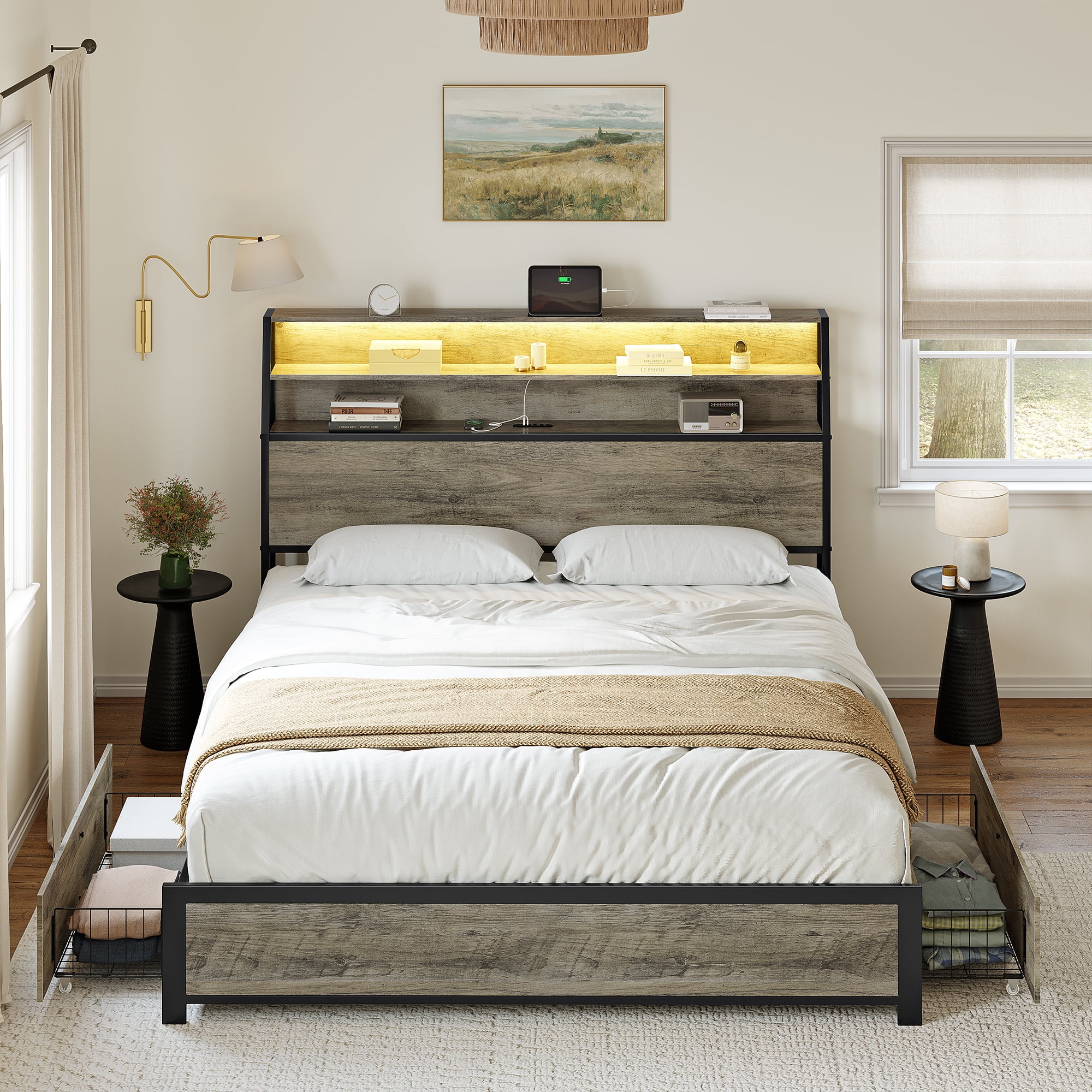 GUNAITO Queen Bed Frame with 2 Drawers Headboard Platform Bed Frame with LED Lights Charging Station Gray