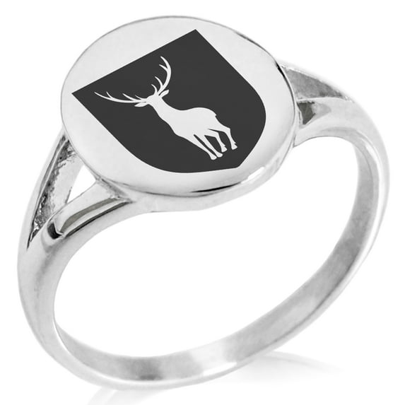 Stainless Steel Stag Purity Coat of Arms Shield Minimalist Oval Top Polished Statement Signet Ring