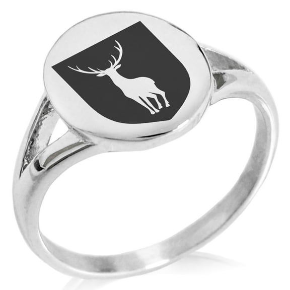 Stainless Steel Stag Purity Coat of Arms Shield Minimalist Oval Top Polished Statement Signet Ring