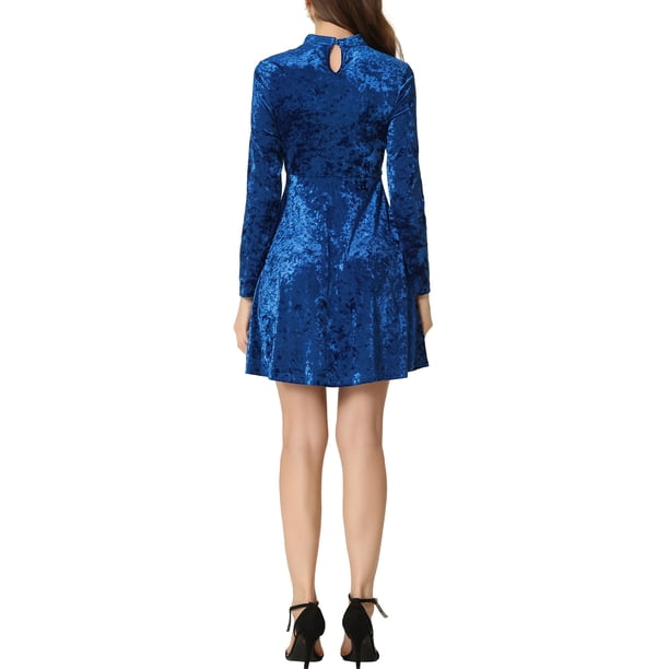 royal blue velvet dress long sleeve INSPIRE CHIC Women's Choker Neck High Waist A-Line Mini Dresses XL Kick pleat at back