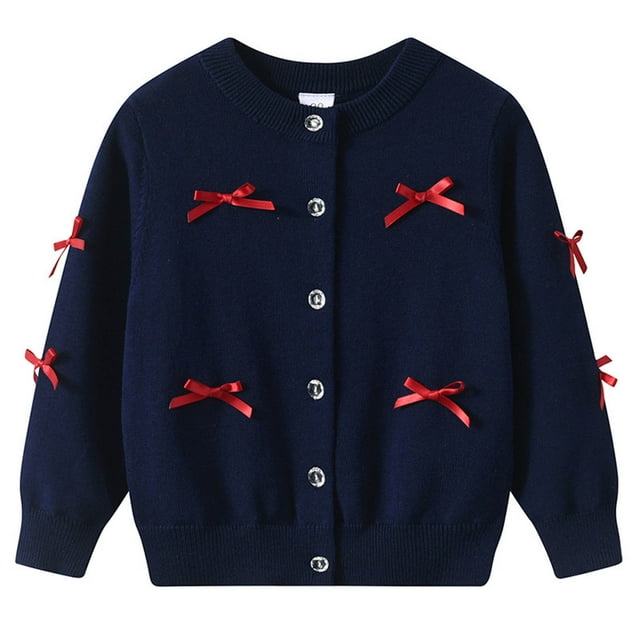 Cardigan pour Filles, Chandail Tricoté à Manches Longues avec Nœud pour Tout-Petits et Enfants, Cardigan Doux à Col Rond avec Boutons devant