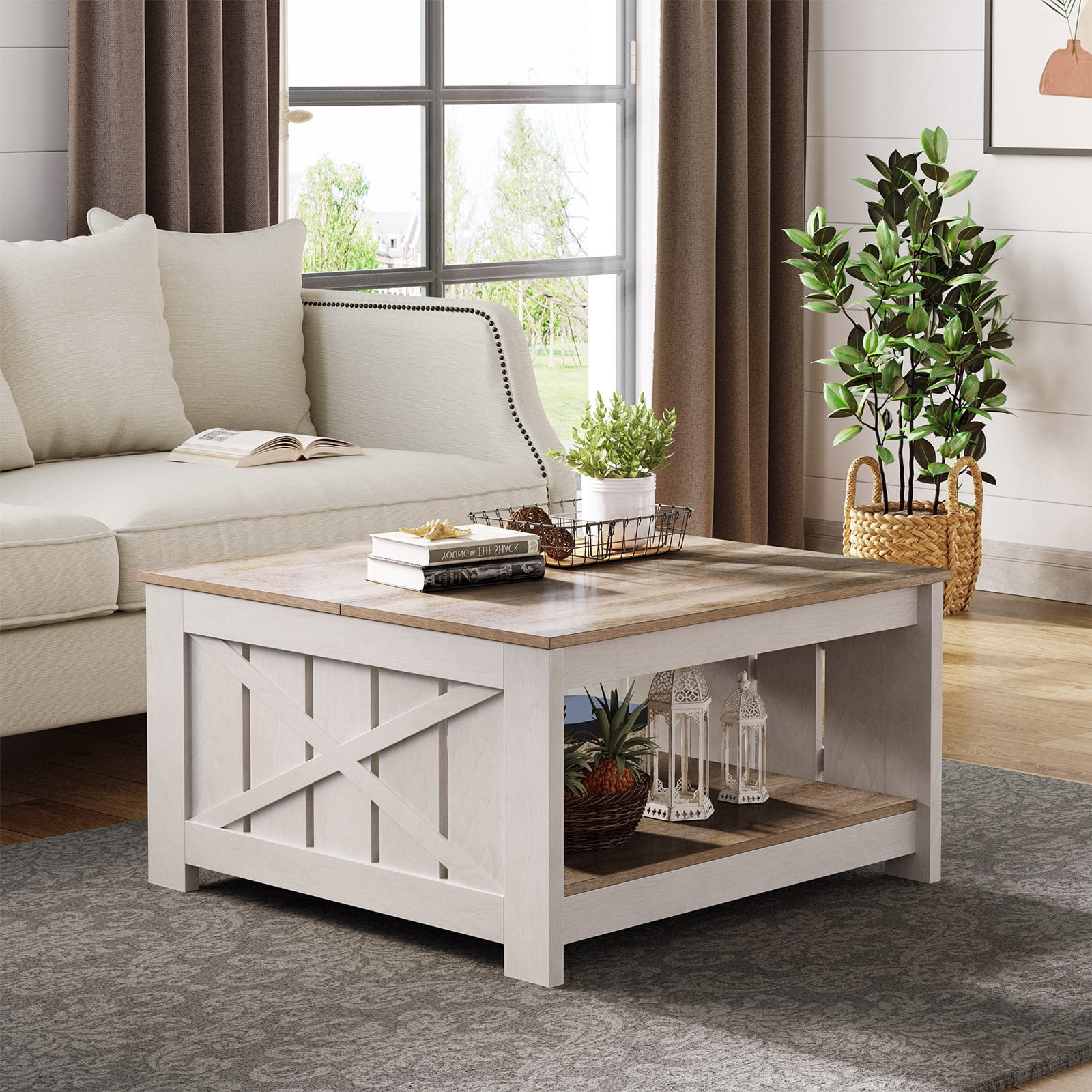 DEXTRUS Square Coffee Table, Farmhouse Center Table with Storage Compartment, Gray & White