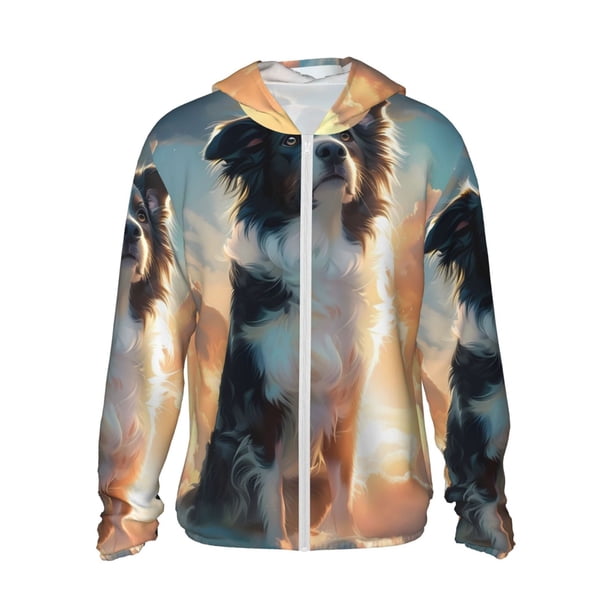 Balery Cloud Border Collie Sudadera ligera de manga larga con capucha y protección solar UPF 50+ para hombre y mujer, ideal para pesca y running-Small