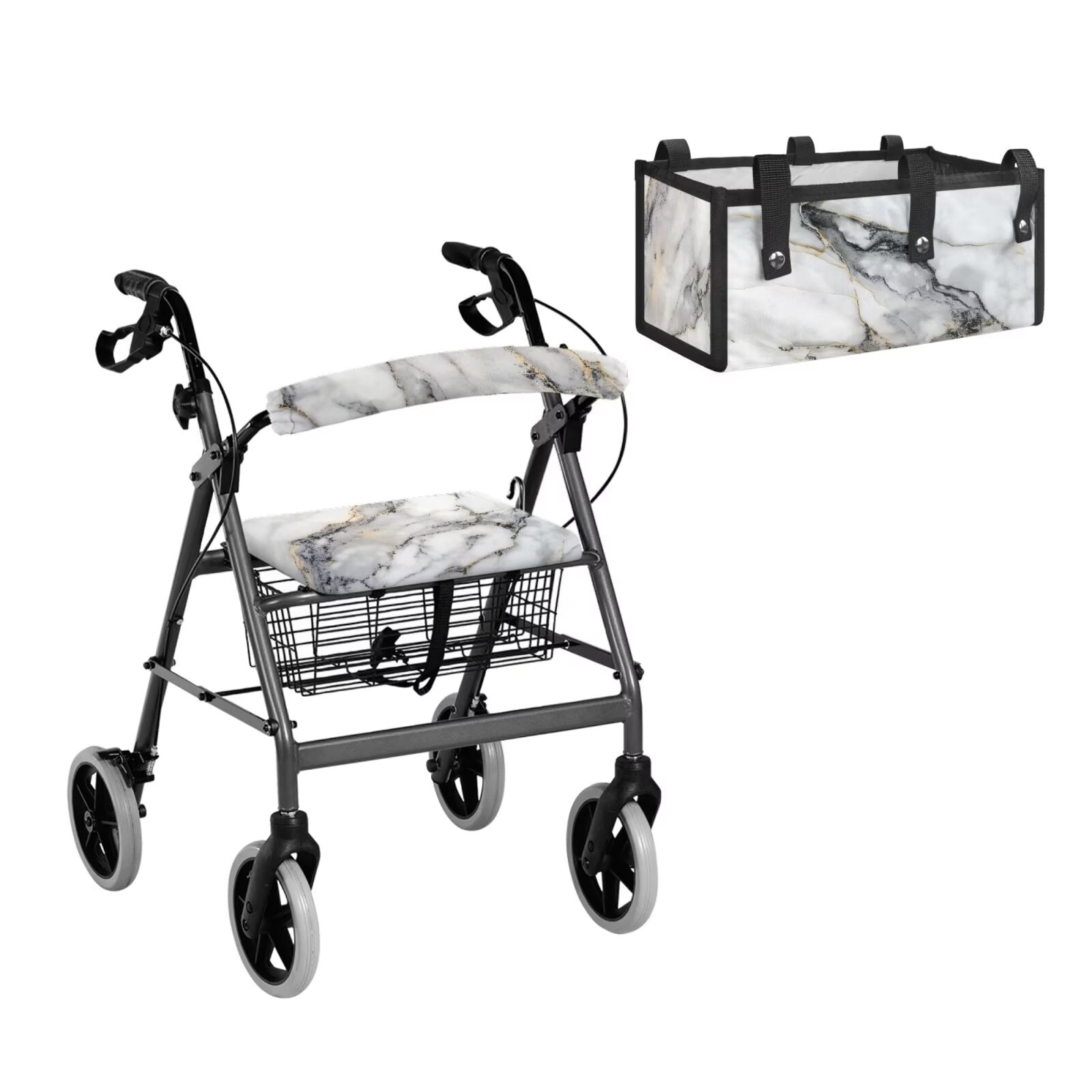 COEQINE Rollator Walker Seat and Backrest Covers with Storage Bag 3 Pieces Set, Universal Washable Rollator Walker Accessories Gifts for Seniors Ladies, White Gray Marble