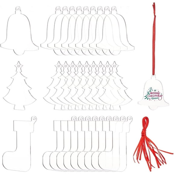 DIY 30 Pieces Acrylic Christmas Ornaments 3 Styles DIY Blank Christmas Tree Decoration Pendants Clear Acrylic Painting Hanging Supplies with Ribbon Cord for Christmas Party Holiday Decoration DIY