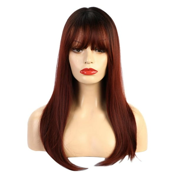 Peluca de cabellero rojo vino degradado negro de 20 "con flequillo, peluca resistente al calor de exterior exterior exterior natural para mujeres y Yuyangstore Pelucas largas de pelo sintético para mujer