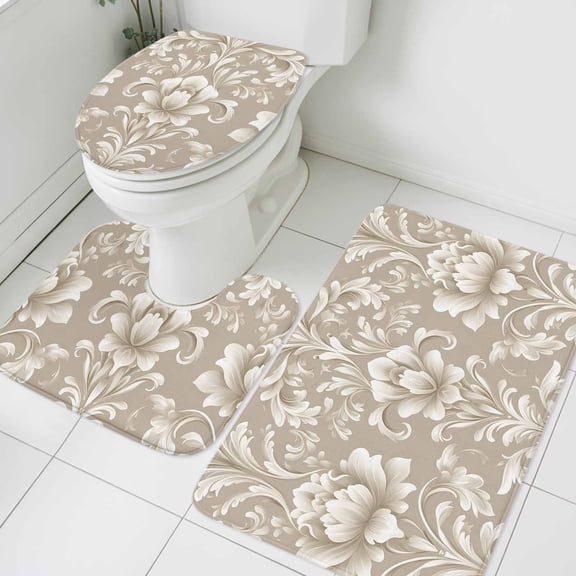 Vintage Turkish Pattern Bathroom Rugs Set Brown Flower Mural Non Slip Absorbent Soft Bath Mats 3 Piece Set with Bathroom Rug, U-Shaped Floor Mat, Toilet Seat Cover Small Size