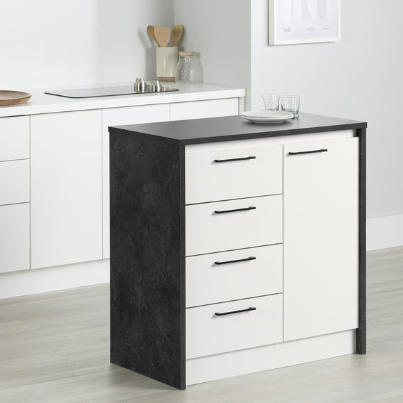 South Shore Myro Compact Kitchen Island with Storage, in Faux Black Stone and White