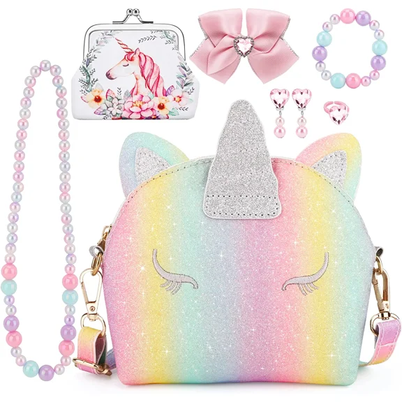 JYPS Unicorn Purse for Girls, 7Pcs Cute Crossbody Bags with Dress Up Jewelry Set Pretend Play Accessories