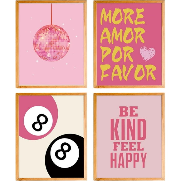 Trendy Retro Y2K Preppy Pink Wall Art Set of 4, Y2K Room Decor, Preppy Room Decor Aesthetic, Pink Funky 8 Ball Wall Decor Poster Prints for Teen Girl Room College Dorm, 8x10 Inches
