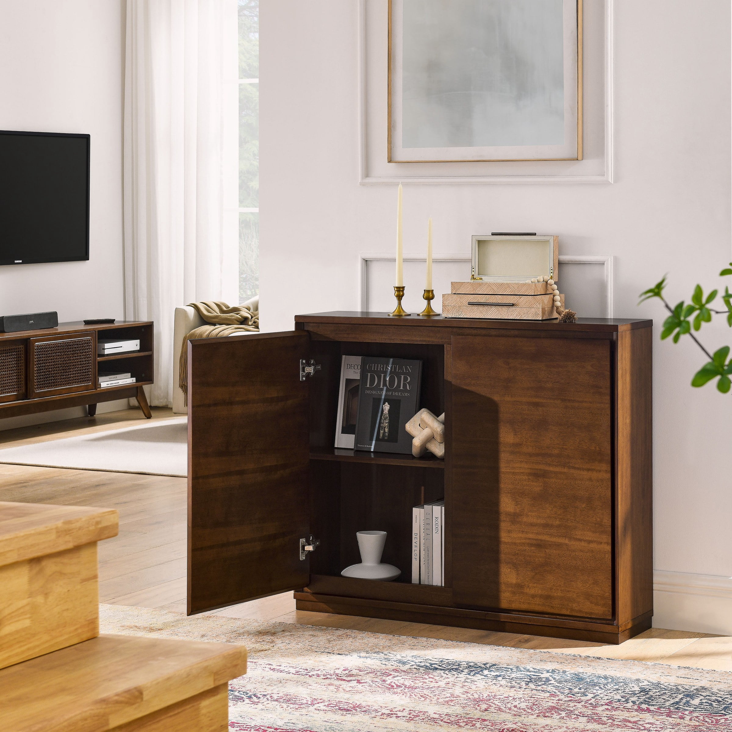 Walnut-colored Sideboard, Buffet Cabinet with 2 Outlet Holes, Storage Cabinet for Entryway, Hallway, Living Room, Kitchen, Dining Room, 39"×9.25"×32.63"