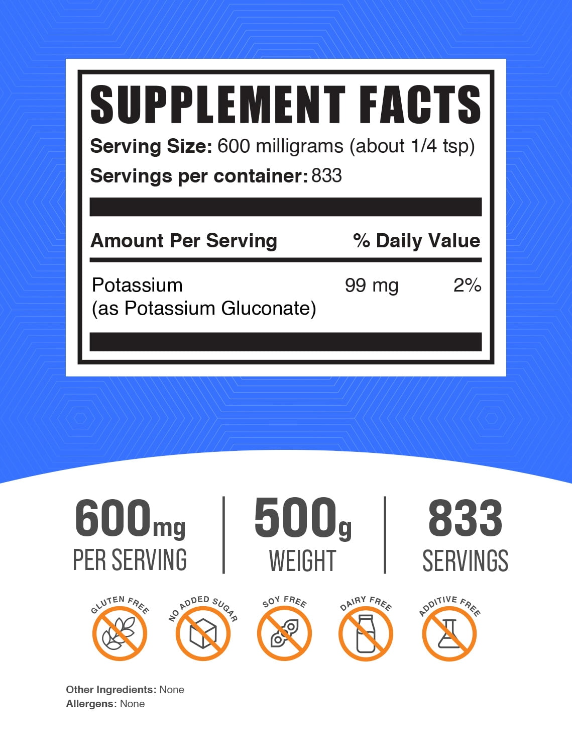 BulkSupplements Potassium Gluconate Powder - 600mg per Serving - 500 Grams (1.1 lbs) - 833 Servings