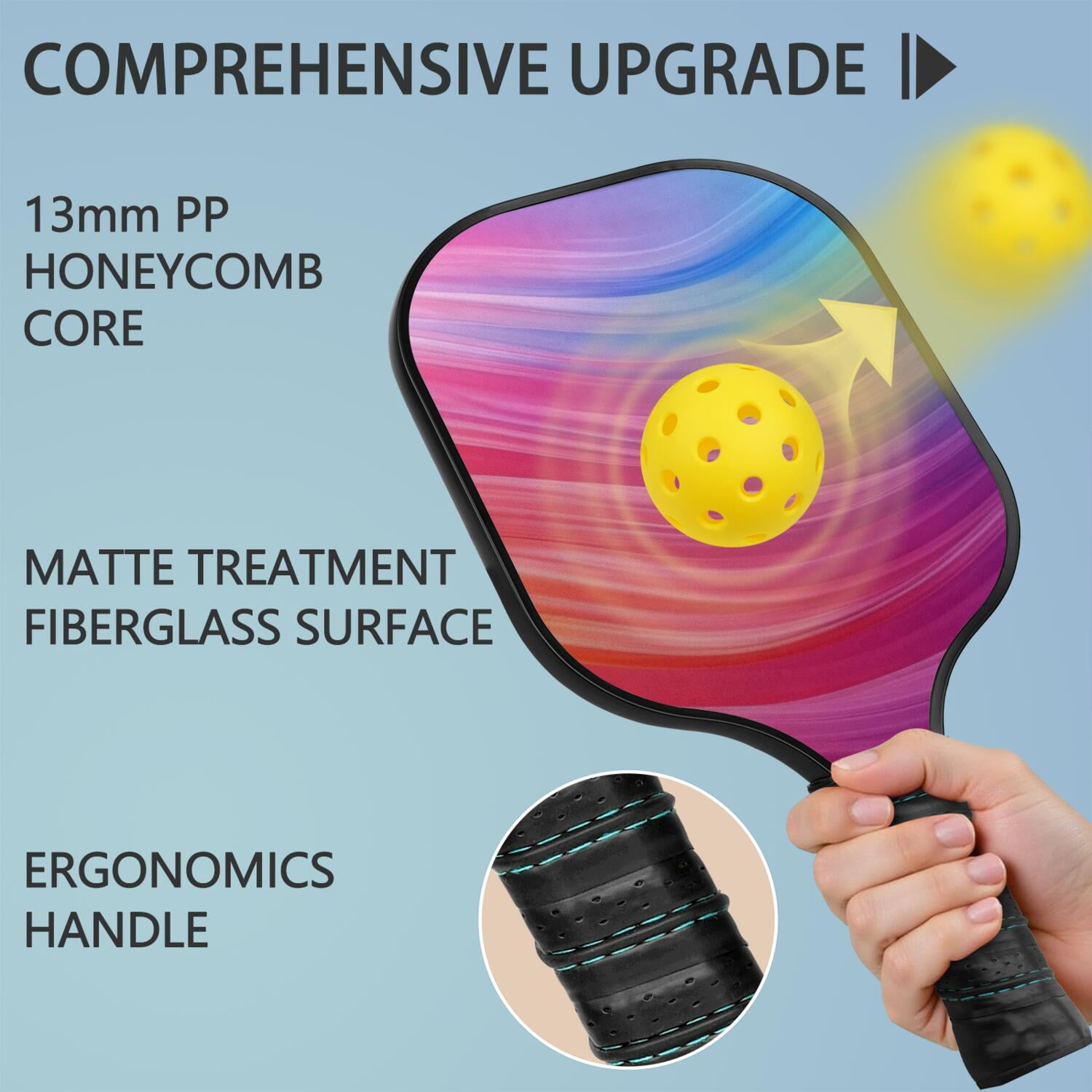 Pickleball Paddles Set Of 2, Fiberglass Surface, Fluid Smoke Aurora Art Style, 4 Balls & Bag