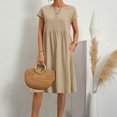 thumbnail image 1 of JUNWELL Coton Lin Femmes Robe d'Été Couleur Unie Col Rond Manches Courtes Genou Longueur Robe de Plage Décontracté en Vrac Mince Robes de Vacances, 1 of 7